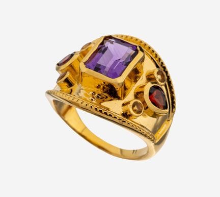 Amethyst-garnet-citrine-ring , silver 925 gilt, ce