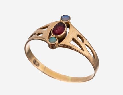 14 kt gold Art Nouveau coloured stone-ring, approx