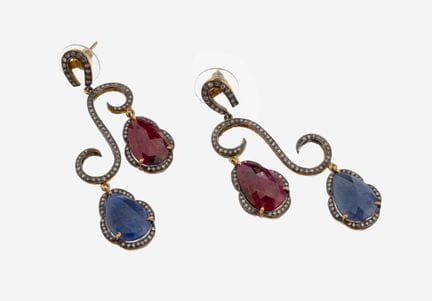 Pair of sapphire-ruby-diamond-earrings , silver bl