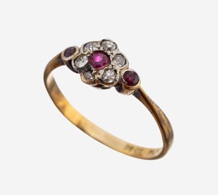 18 kt gold ruby-diamond-ring, approx. 1920 ,YG 750