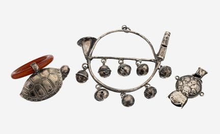 Lot 2 baby rattles and 1 pipe, approx. 1900 , silv