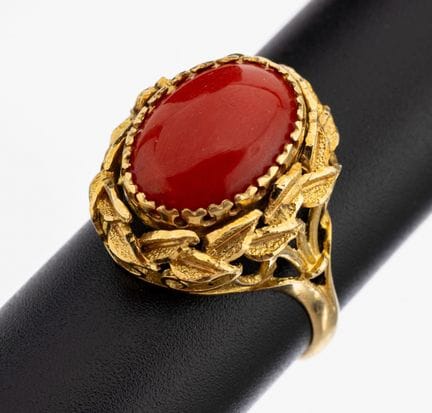 18 kt gold turquoise-coral-ring , YG 750/000, unus