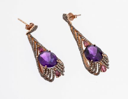 Pair of amethyst-tourmaline-diamond-earrings , sil