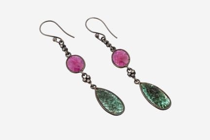 Pair of emerald-ruby-brilliant-earrings , silver b