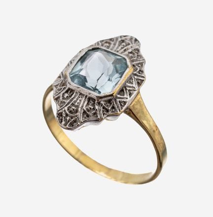9 kt gold aquamarine-ring , YG/WG 375/000, Art Dec