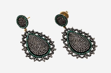 Pair of diamond-emerald-earrings , silver blackene