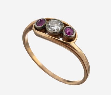14 kt gold diamond-ruby-ring, approx. 1920 ,YG/WG 