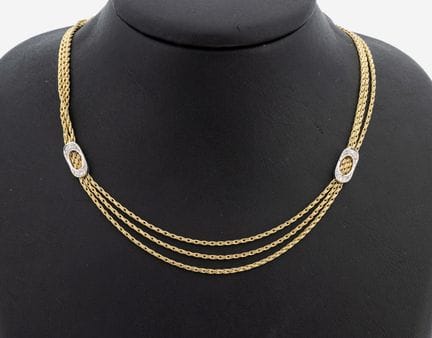 14 kt gold diamond-necklace , YG/WG 585/000,3-rowe