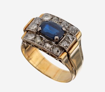 Bague en or 14 carats avec saphir et diamants, ann