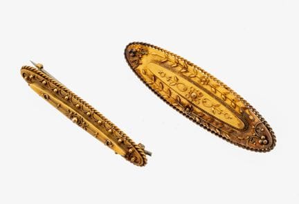 Lot 2 15 kt gold brooches, England approx. 1890-19