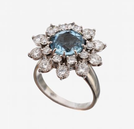 14 kt gold aquamarine-brilliant-ring , WG 585/000,