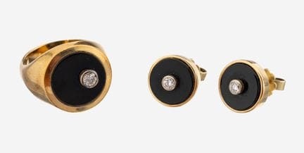 14 kt gold onyx-brilliant-jewelry set, 1950s , YG 