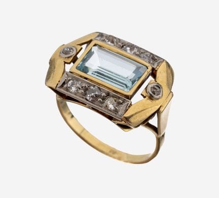 Bague en or 14 carats avec aigue-marine et diamant