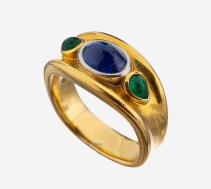 Bague en or 18 carats avec saphir et émeraude, GG/