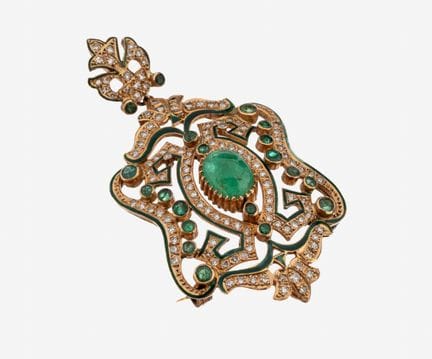 14 kt gold emerald-diamond-brooch , YG 585/000, ma