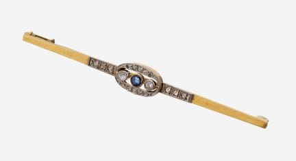 14 kt gold sapphire-diamond-brooch, 1930s , YG/WG 