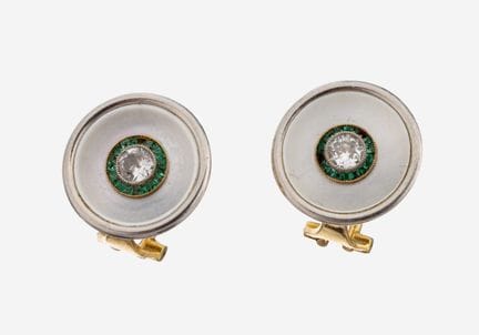 Pair of 18 kt gold diamond-emerald-mother of pearl