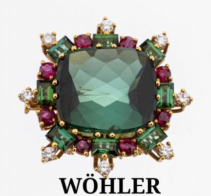 Broche WÖHLER en or 18 carats avec tourmaline, rub