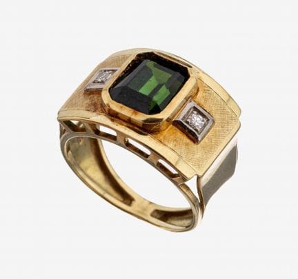 14 kt gold tourmaline-diamond-ring, 1950s , YG 585