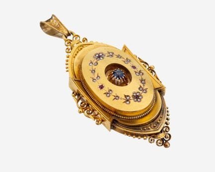 14 kt gold sapphire-ruby-diamond locket pendant, a