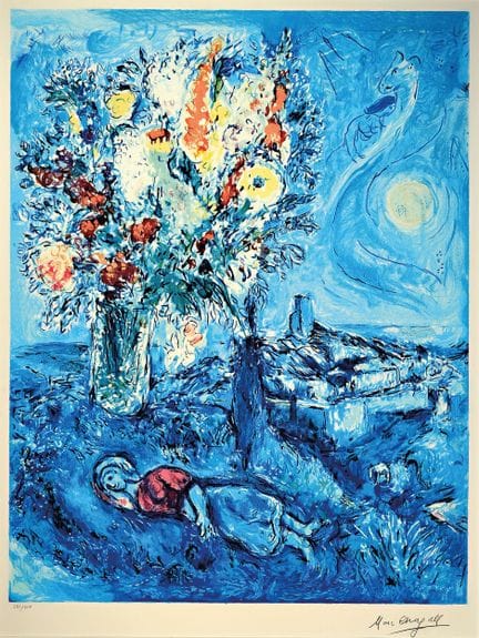马克·夏加尔（Marc Chagall），1887-1985，彩色石版画，《花丛中的睡美人》（La 