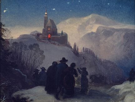 19世纪匿名艺术家作品，《一家人前往教堂的冬日风景》，氛围感浓厚的描绘，未署名，画边经裁剪，油画布重