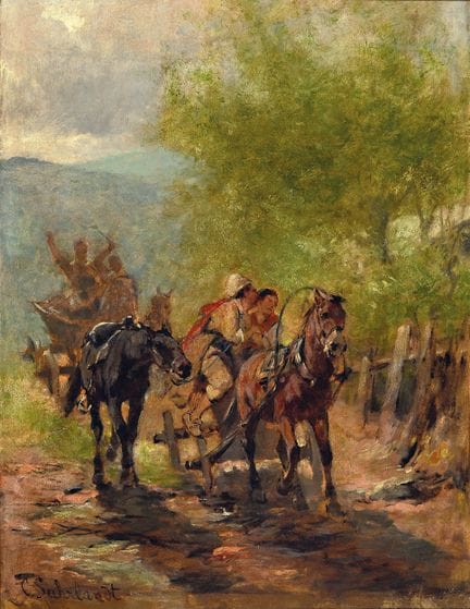 卡尔-苏尔兰特，1828 年，路德维希斯卢斯-1919 年，科谢尔湖畔，带马的农村马车队，前面的马车