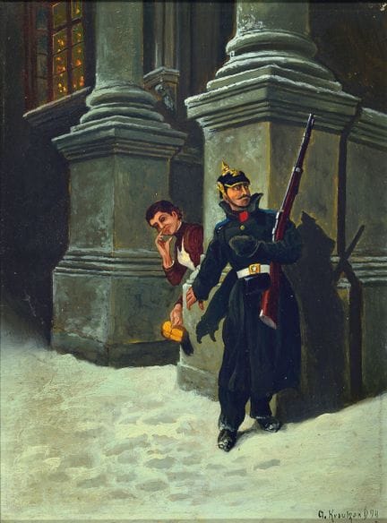 亚历山大·费迪南德·克罗伊策，约1860—1917年，《圣诞礼物》（画作背面题名），一名年轻女子正将