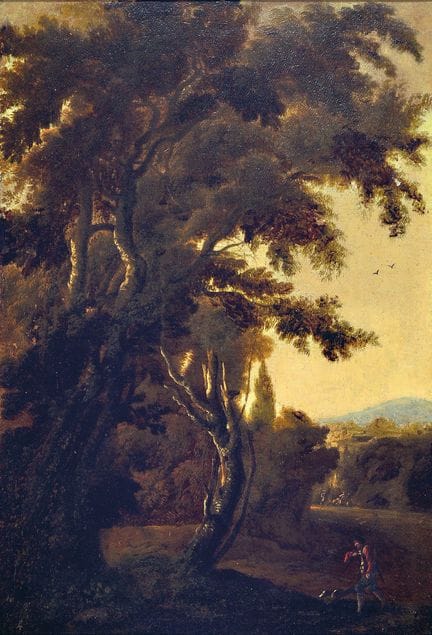 未知艺术家，J.P. Hackert 的继任者，18 世纪，阿卡迪亚风景，带着狗的徒步旅行者在突出的