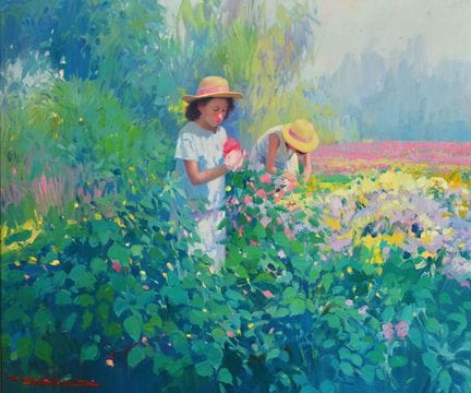 F. 卡拉布里亚，当代意大利艺术家，画中描绘两名女孩在草地上采花，油画/亚麻布，左下角有签名，约46