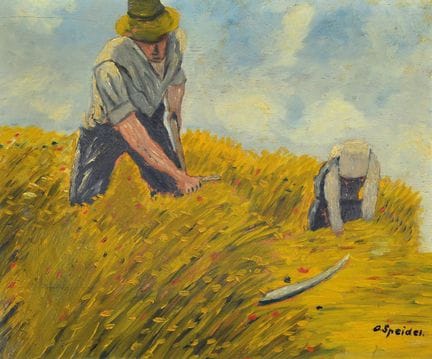 O. 斯派德尔，20世纪上半叶画家，《收割场景》，油画/木板，右下角签名，约37×45厘米，画框约4
