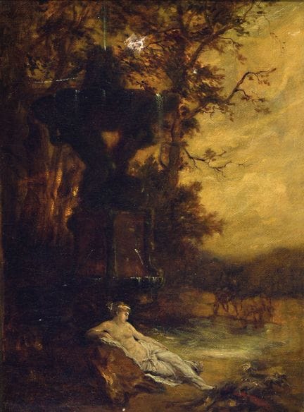 奥古斯特·霍尔姆伯格教授，1851-1911 慕尼黑，《带水神殿的风景》：一位半身神女倚靠在石头上，