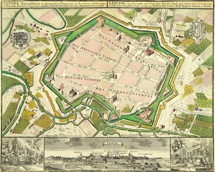 Dos mapas históricos grabados en cobre: a. Leipzig