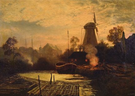 H. Herf，19世纪荷兰画家，描绘荷兰某座城市沿运河而行的景致，画面中有风车和人物装饰，署名，油