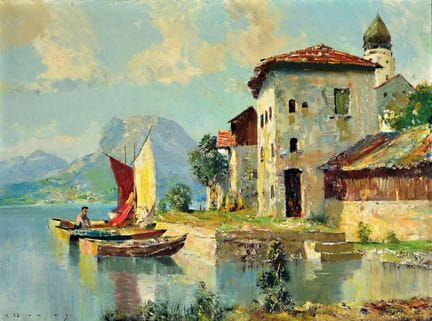 E. Winning，20世纪德国画家，《加尔达湖畔的风景》，油画/亚麻布，左下角签名，约60x80