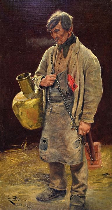 K. Böhme, dated 1887, full portrait of a worker wi