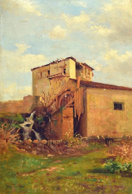 格雷戈尔·措拉基（Gregor Tsolaki），约1900年的画家，《磨坊一景》，油画/亚麻布，左