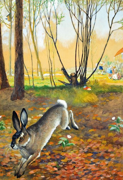 普朗克，20世纪艺术家，复活节主题：画中描绘了一只复活节兔子在花园里向四处张望的孩子们跃出，右下角有