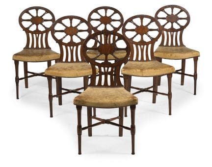 SET DI SEI SEDIE DA SALONE IN MOGANO DELL’EPOCA DI