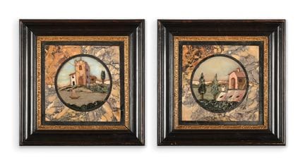 一对意大利皮埃尔-杜尔大理石风景壁画 19世纪中叶 每幅壁画的中央都有圆形的圆环，镶嵌在染色的松木框