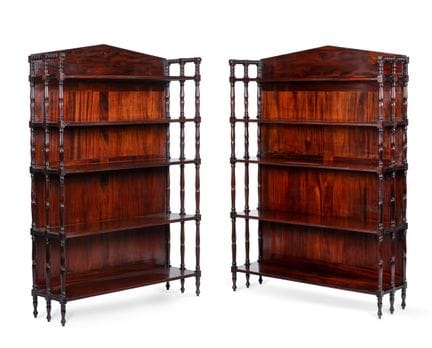 COPPIA DI LIBRERIE A CINQUE RIPIANI IN MOGANO IN S