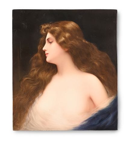 一件柏林（K.P.M.）瓷质壁挂画，描绘了一位女性肖像， “ERBLUHT” 瓦格纳作品，约1900