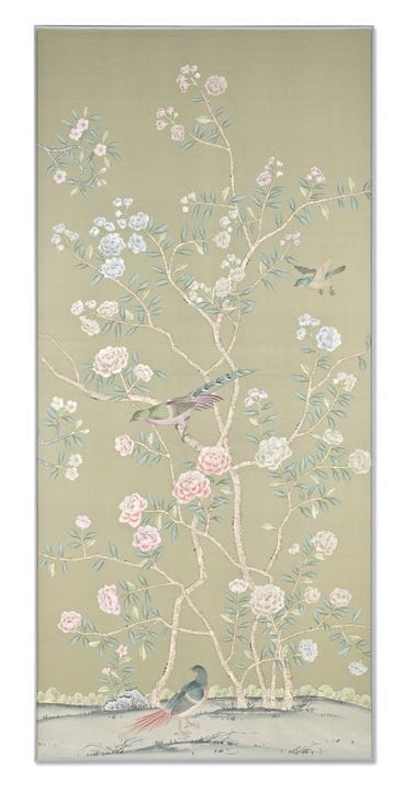 一幅“厄尔汉姆”（Earlham）中式风格图案壁画，由德·古尔内（De Gournay）工坊手工绘制