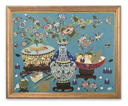 GRANDE PANNELLO CINESE IN SMALTO CLOISONNÉ CON MOT
