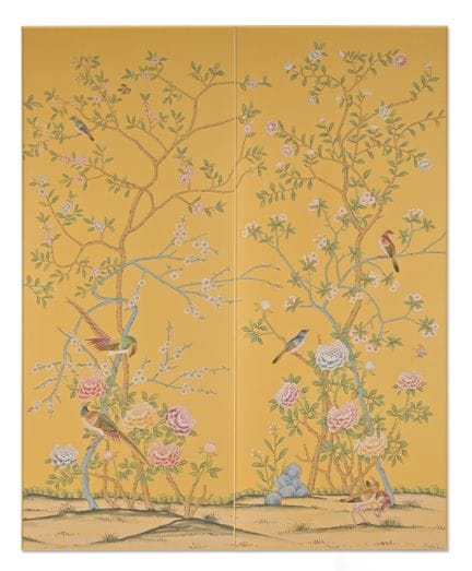 一对“厄尔汉姆”中式风格图案画板，手工绘制-绘于锡耶纳土染丝绸纸上，由德古尔奈（De Gournay