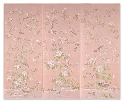 一套三幅“厄尔汉姆”（Earlham）中式风格图案壁画，由德·古尔内（De Gournay）工坊手工