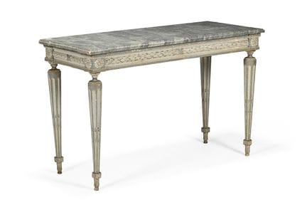 AN ITALIAN CARVED AND GREY PAINTED CONSOLE TABLELA