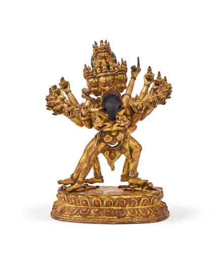 Grande statue sino-tibétaine en bronze doré représ
