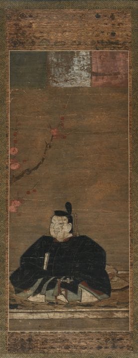 一幅日本画，以墨汁和颜料绘于织物上，描绘了一位17或18世纪的显要人物（可能是大名），画作四周饰有缎