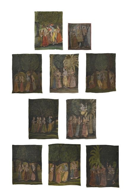 一组九幅印度布面绘画（皮查瓦伊），拉贾斯坦邦，20世纪，基尚加尔风格，每幅均描绘了戈皮们的聚会场景，